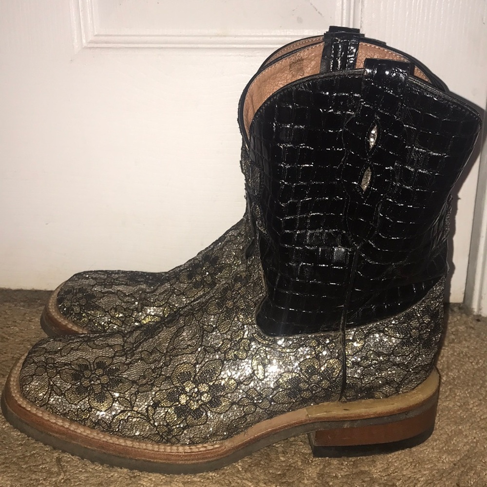 Ferrini Black & Silver Floral Lace Cowgirl Boots